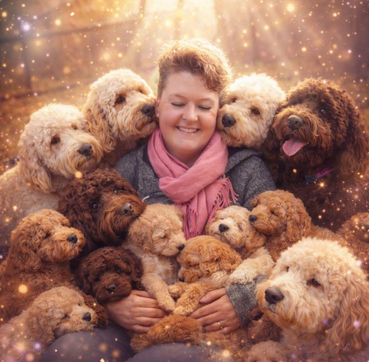 Shirley omringd door Labradoodles
